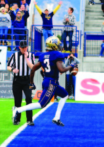 Montana State wide receiver Justin Paige scores an easy touchdown during the Bobcats’ 63-7 victory over ETSU. 