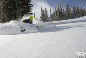 Poole slashing the pow on his sit ski last winter at Jackson Hole Mountain Resort. PHOTO COURTESY OF DIRTMYTH PHOTOGRAPHY