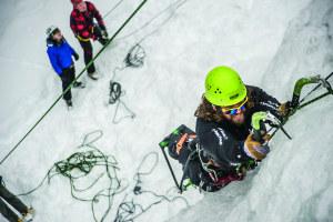 David Poole ascends a steep ice route using a modified bike frame in Ouray Ice Park, Colorado in 2015. PHOTO BY DIRTMYTH 