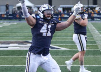 Montana State senior defensive end Brody Grebe celebrates after a fourth down stop against South Dakota. PHOTO BY JASON BACAJ / SKYLINE SPORTS