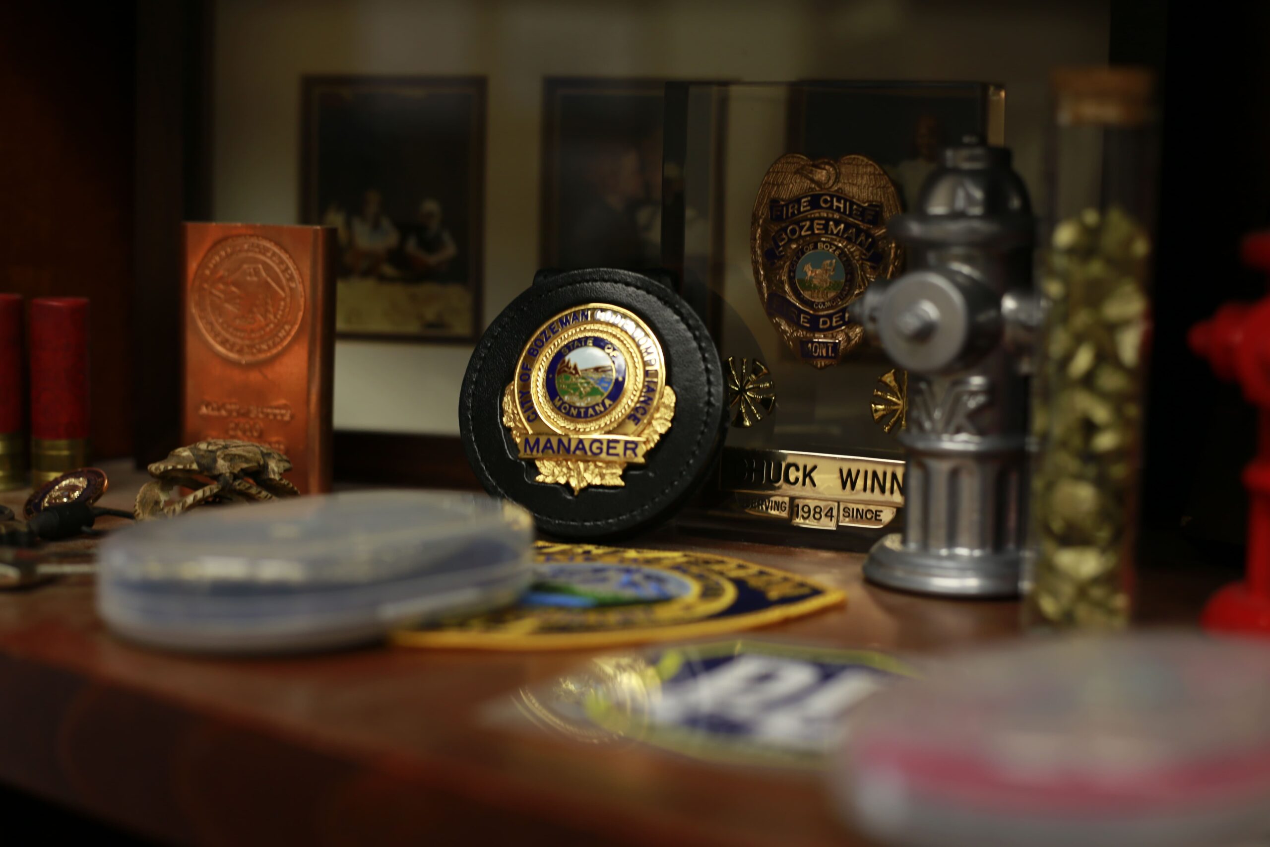 Among the many unique pieces of decor in Winn’s office is the official badge of Bozeman’s city manager.